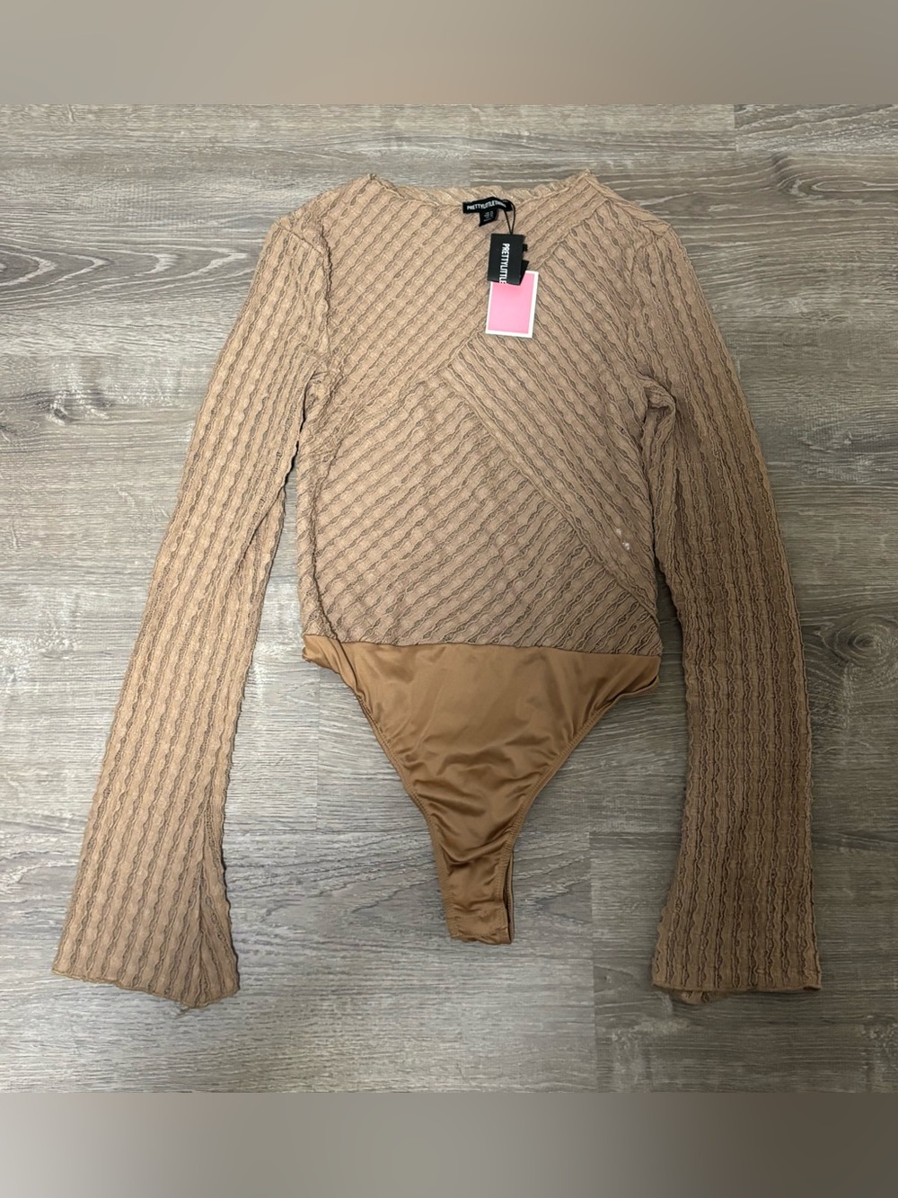 PrettyLittleThing Mocha Textured Mesh Long Sleeve Bodysuit Size 10 NWT